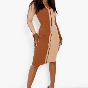 Premium Rib Panelled Camel/Nude Colourblock Midi Dress